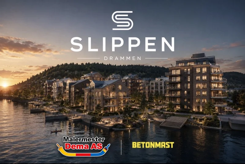 Slippen i Drammen: boligbebyggelse ved vannet i solnedgang, med logoene til Malermester Dema AS og Betonmast