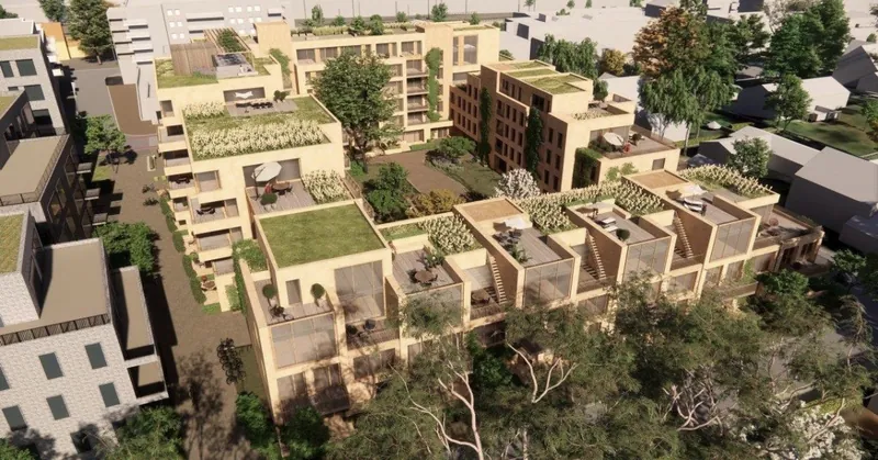 Fredheimkvartalet: terrassert boligprosjekt i lys tegl med grønne tak og takterrasser