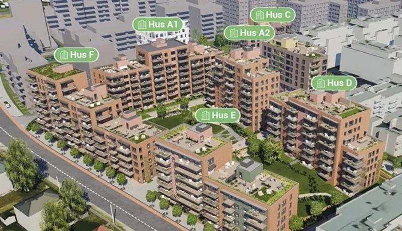 Lille Løren Park: stort boligkvartal i rød tegl fordelt på flere hus rundt et grønt gårdsrom